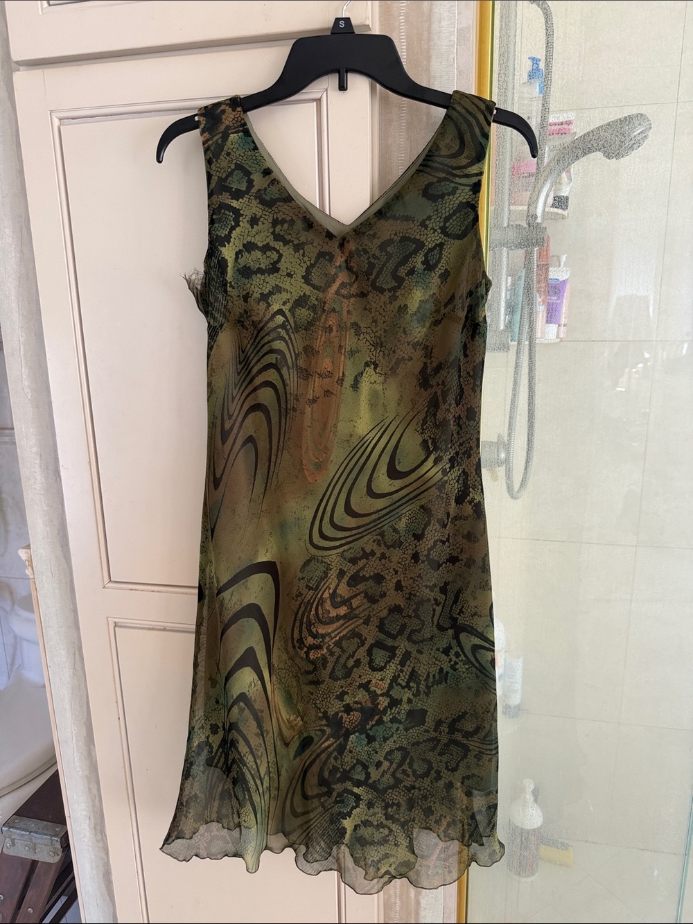 VINTAGE Olive Green fully lined Abstract Animal Print Slip Dress *call out*
